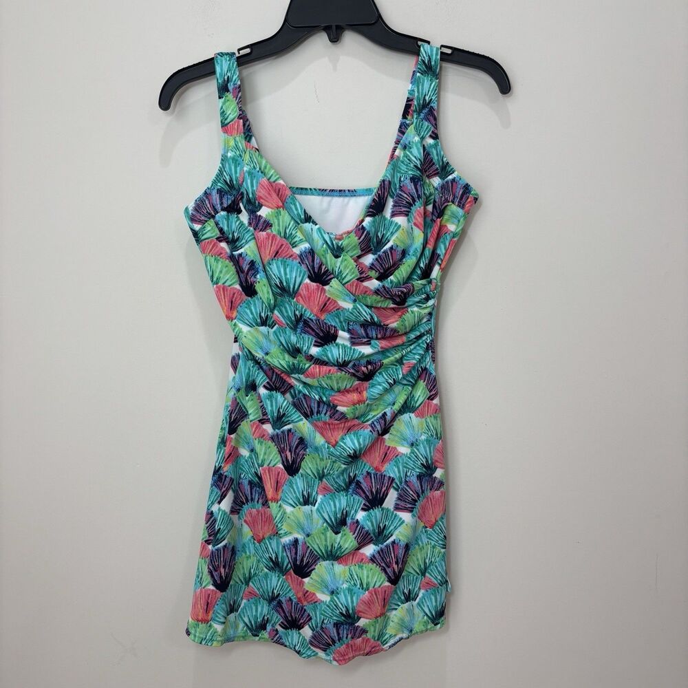 Miraclesuit One Piece Swim Dress 10 Green Watercolor Palm Tummy Control Shaping